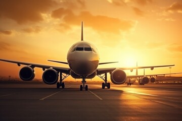 Fototapeta na wymiar Airplane landing during beautiful sunrise in airport.