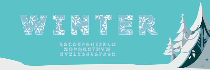 Vector alphabet in a winter theme with snowflakes. Ice font. Vector illustration. - obrazy, fototapety, plakaty