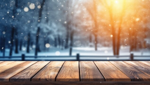 Wooden tabletop with a blurred winter park background, snow falling, and a warm sunrise glow. Ideal for seasonal product displays or winter-themed website headers.