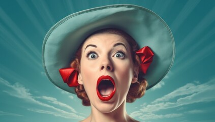 Retro-inspired portrait of a surprised woman with vivid red lips and a stylish hat, embodying a...