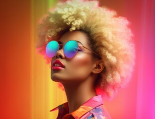 A close-up of a young woman with voluminous blonde curls and reflective sunglasses, exuding a cool, urban vibe. Great for beauty campaigns, eyewear advertising, and editorial content.