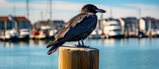 A bird of the cormorant species perched on the pier at Brighton Marina