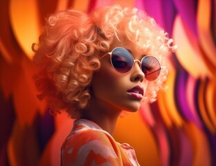 Vibrant portrait of a young woman with curly blonde hair and sunglasses against a colorful...
