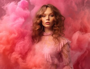 Ethereal image of a young woman in pink clouds, ideal for beauty and fantasy-themed visual narratives. Great for marketing in the beauty industry, fantasy book covers, or ethereal art pieces.