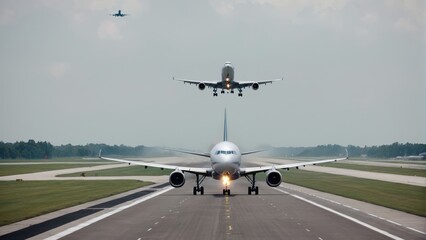 Fototapeta na wymiar Airplane landing/taking off at airport exterior 
