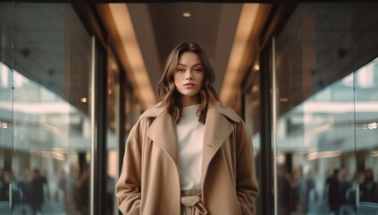 A stylish young woman in a chic coat, walking in an urban setting, perfect for lifestyle and fashion use. Ideal for urban fashion brands, lifestyle blogs, or city living magazines.