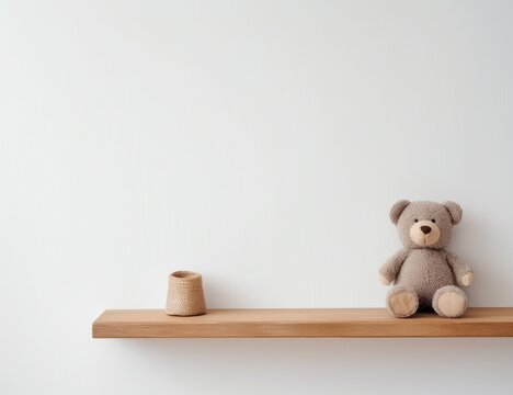 A teddy bear and vase sit on a shelf with sunlight casting soft shadows, evoking calmness and simplicity. Perfect for children's room decor, minimalist design themes, or peaceful image needs.