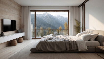 Bellissima camera da letto con colori naturali ed eleganti e finestra che si affaccia sulle montagne