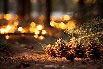A Close-Up View of Pine Tree Needles Scattered on a Wooden Floor, Illuminated by the Warm Glow of Christmas Lights