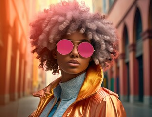 Description: Confident young Black woman with afro and  sunglasses, ideal for fashion and music industry media. fashion branding, music album covers