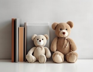 Two teddy bears beside a stack of books on a shelf, suggesting comfort and learning. Ideal for children's book covers, educational material, or nursery decor advertisements. - obrazy, fototapety, plakaty