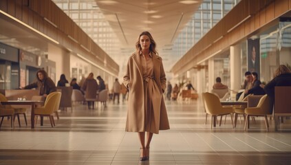 A contemplative woman in a chic coat at a bustling mall, great for lifestyle and fashion campaigns.  Ideal for advertising urban fashion brands, lifestyle magazines