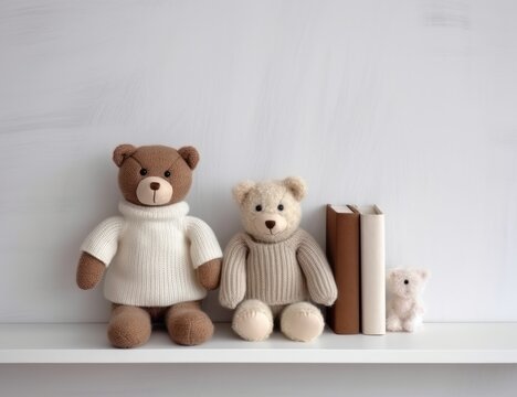 Two teddy bears beside a stack of books on a shelf, suggesting comfort and learning. Ideal for children's book covers, educational material, or nursery decor advertisements.
