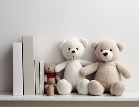 Two teddy bears beside a stack of books on a shelf, suggesting comfort and learning. Ideal for children's book covers, educational material, or nursery decor advertisements.