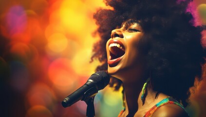 An African American female singer with a large afro passionately performing at a microphone with a bokeh background.