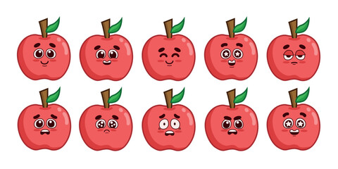 Set of red apples with various adorable facial expressions. Whole fruit on a white background.