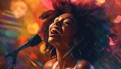 A vibrant singer with a radiant afro performs passionately into a microphone against a warm, illuminated backdrop.