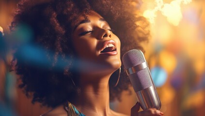 A vibrant singer with a radiant afro performs passionately into a microphone against a warm, illuminated backdrop.