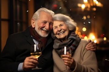A heartwarming image of an elderly couple sharing a toast, celebrating the arrival of the New Year in their cozy home, filled with love and joy