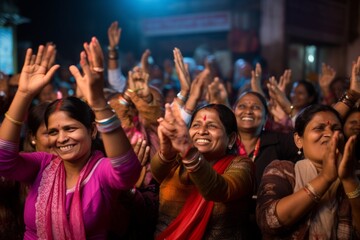 Fototapeta premium A spirited crowd joyously clapping their hands in rhythm to a lively New Year's song, celebrating the arrival of a promising year