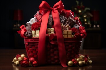 A Beautiful Array of Corporate Gift Baskets Adorned with Red Ribbons and Christmas Decorations, Perfect for the Holiday Season