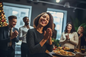 Fototapeta premium A Heartwarming Scene of Diverse Workers Sharing Gifts and Celebrating the New Year Together in Their Festively Decorated Office