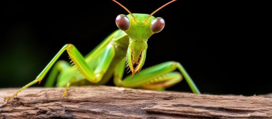 Wooden close up of a green praying mantis