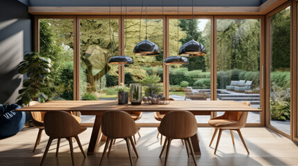 an open-plan dining room with a wooden table and chairs and a chandelier and a large window with a view of the garden