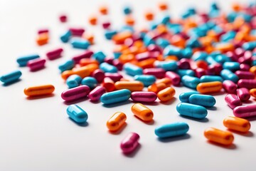 Vibrantly colored pills scattered on a clean, white surface, forming a precise pattern that symbolizes health and wellness