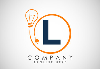 English alphabet L in a circle with electric bulb and plug. Electricity, industrial and technology logo