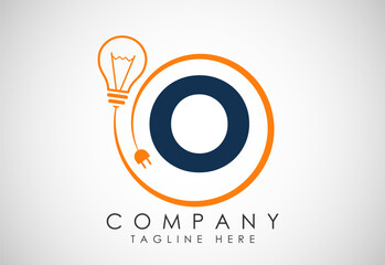 English alphabet O in a circle with electric bulb and plug. Electricity, industrial and technology logo