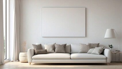 Bellissimo soggiorno con divano con colori naturali ed eleganti e cornice vuota sul muro - obrazy, fototapety, plakaty