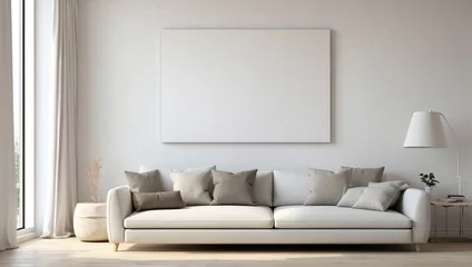 Foto op Canvas Bellissimo soggiorno con divano con colori naturali ed eleganti e cornice vuota sul muro © Wabisabi