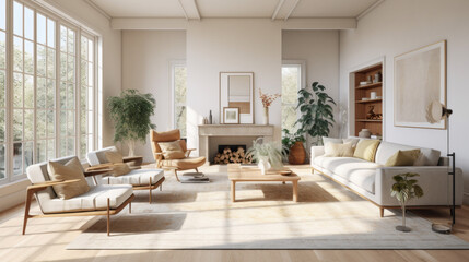 an open and airy living room with a beige couch and two matching armchairs and a large area rug - obrazy, fototapety, plakaty