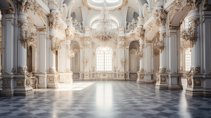 an ornate room with a marble floor and white walls and chandelier hanging from the ceiling - obrazy, fototapety, plakaty