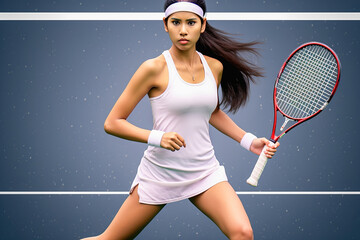 Portrait of a sportswoman with a tennis racket in a game on the court.