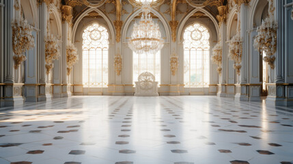 Fototapeta premium an ornate room with a marble floor and white walls and chandelier hanging from the ceiling