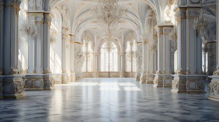 an ornate room with a marble floor and white walls and chandelier hanging from the ceiling
