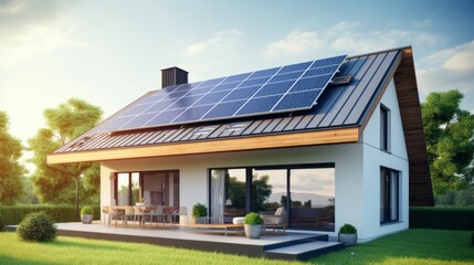 A new building with solar panels on the roof. Sustainable and clean energy at home concept.