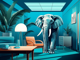 Proverb elephant in the room. Illustration of an elephant standing in a traditional business office. Blue and turquoise color scheme. Business concept for speaking openly.