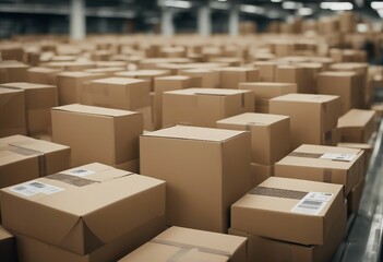 Closeup of multiple cardboard box packages seamlessly moving along a conveyor belt in a warehouse