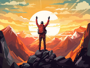 Proverb fortune favors the brave. Illustration of a man standing on top of a mountain after a tough hike uphill. Raising hands. Business concept for success. - obrazy, fototapety, plakaty