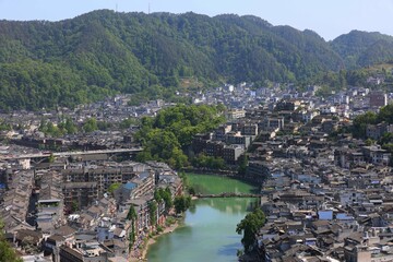 Fototapeta premium Aerial shot of Fenghuang County or Phoenix Ancient Town, Hunan Province, China.