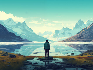 Proverb still waters run deep. Illustration of a man standing before a still lake looking into the distance at a serene mountain scenery. Blue and green color scheme. Concept of introvert personality. - obrazy, fototapety, plakaty