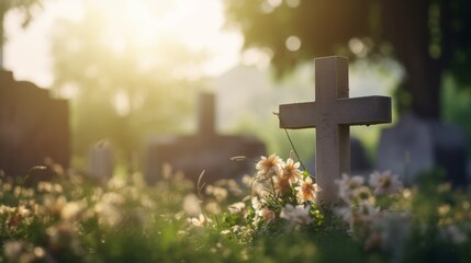 A solemn Catholic cemetery with a grave marker and cross engraved on it, set against a softly blurred background. Funeral concept - obrazy, fototapety, plakaty