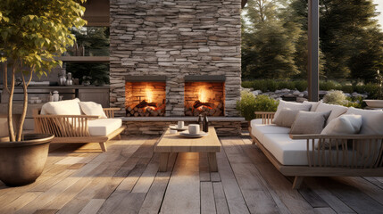 an outdoor patio with a wooden deck and a stone fireplace and a seating area