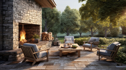 an outdoor patio with a wooden deck and a stone fireplace and a seating area - obrazy, fototapety, plakaty