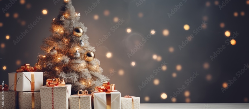 Wall mural Stack of presents adjacent to indoor Christmas tree