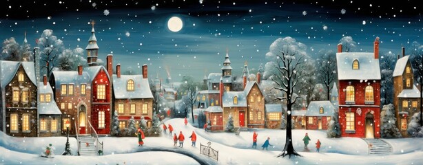 Winter Christmas illustration with old town, Magical Holiday Charm, Snowy street, horizontal banner, New Year or Christmas Card, generative ai 