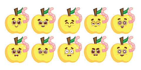 Set of yellow apples with worms and adorable facial expressions. Whole fruit on a white background.